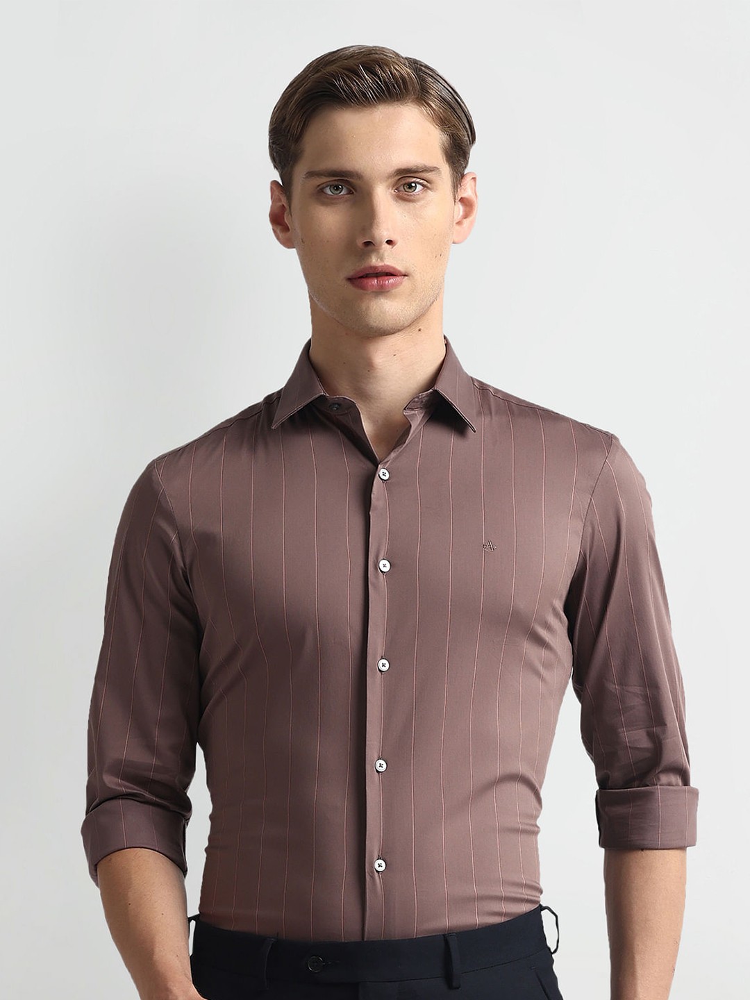 

Arrow New York Slim Fit Vertical Striped Spread Collar Twill Formal Shirt, Brown