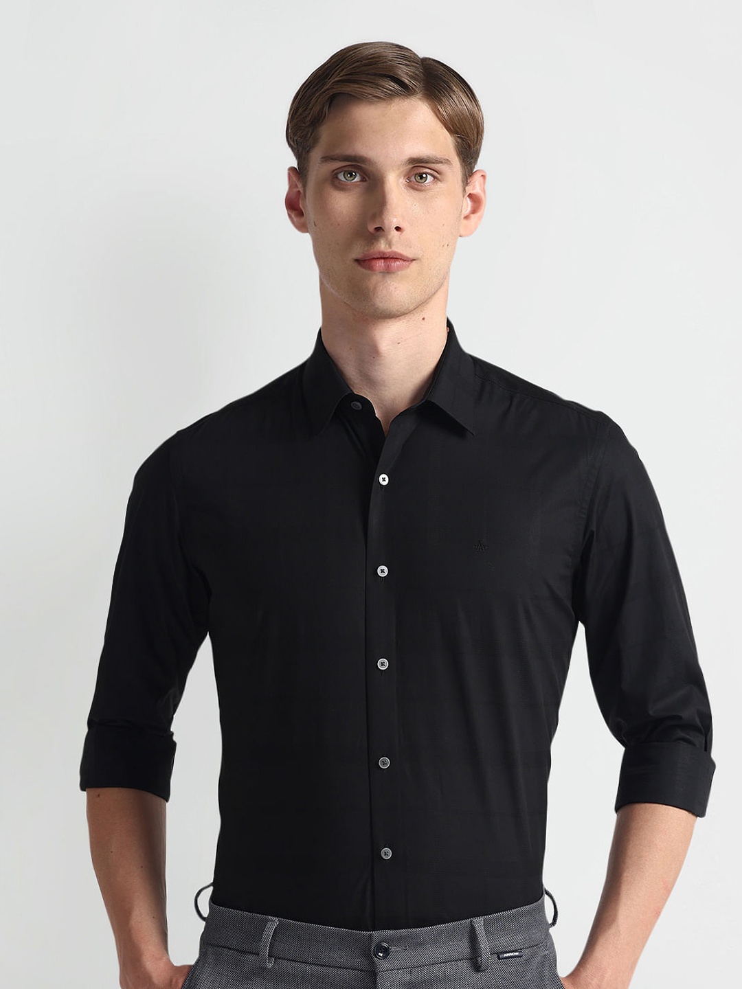 Arrow New York Slim Fit Long Sleeves Pure Cotton Formal Shirt, Black