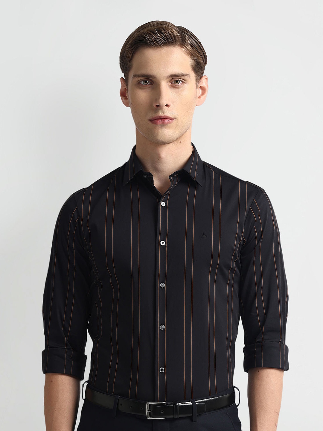 

Arrow New York Slim Fit Vertical Striped Twill Weave Formal Shirt, Black