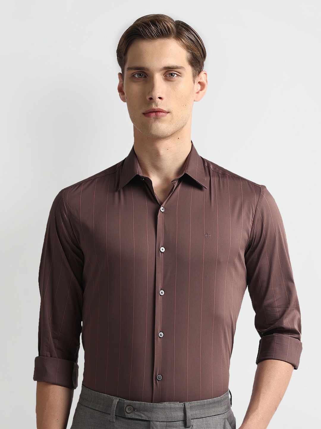 Arrow New York Manhattan Slim Fit Spread Collar Formal Shirt, Brown