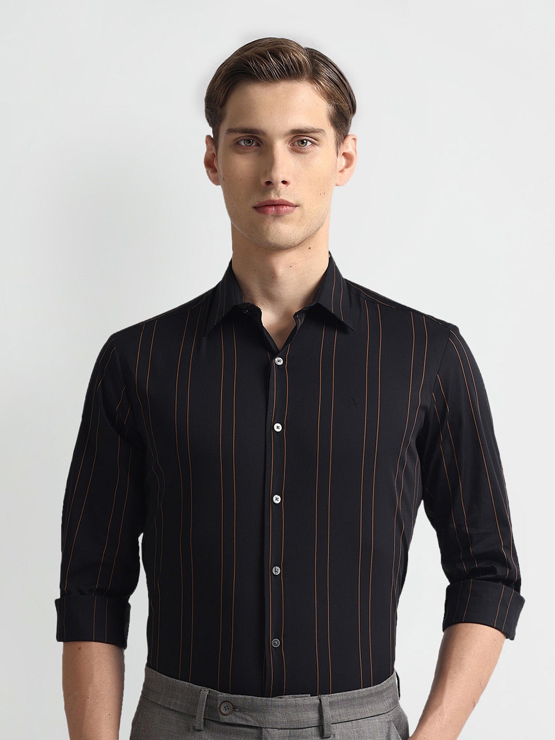 

Arrow New York Slim Fit Vertical Stripes Twill Spread Collar Long Sleeves Formal Shirt, Black
