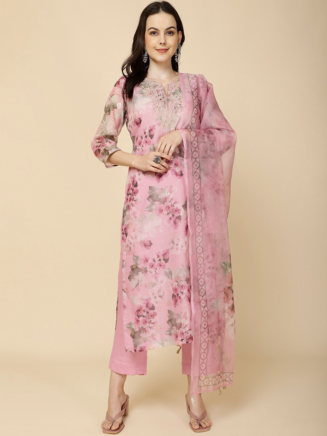 

Meena Bazaar Floral Printed Regular Thread Work Kurta with Trousers & Dupatta, Pink