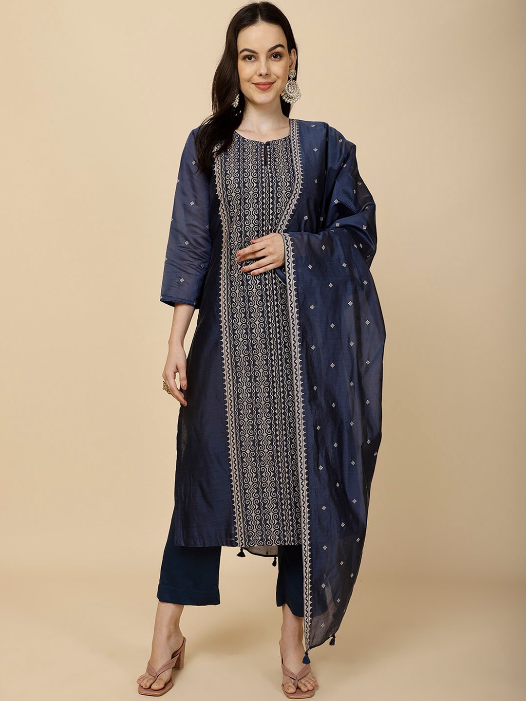 

Meena Bazaar Embroidered Kurta & Trousers With Dupatta, Navy blue