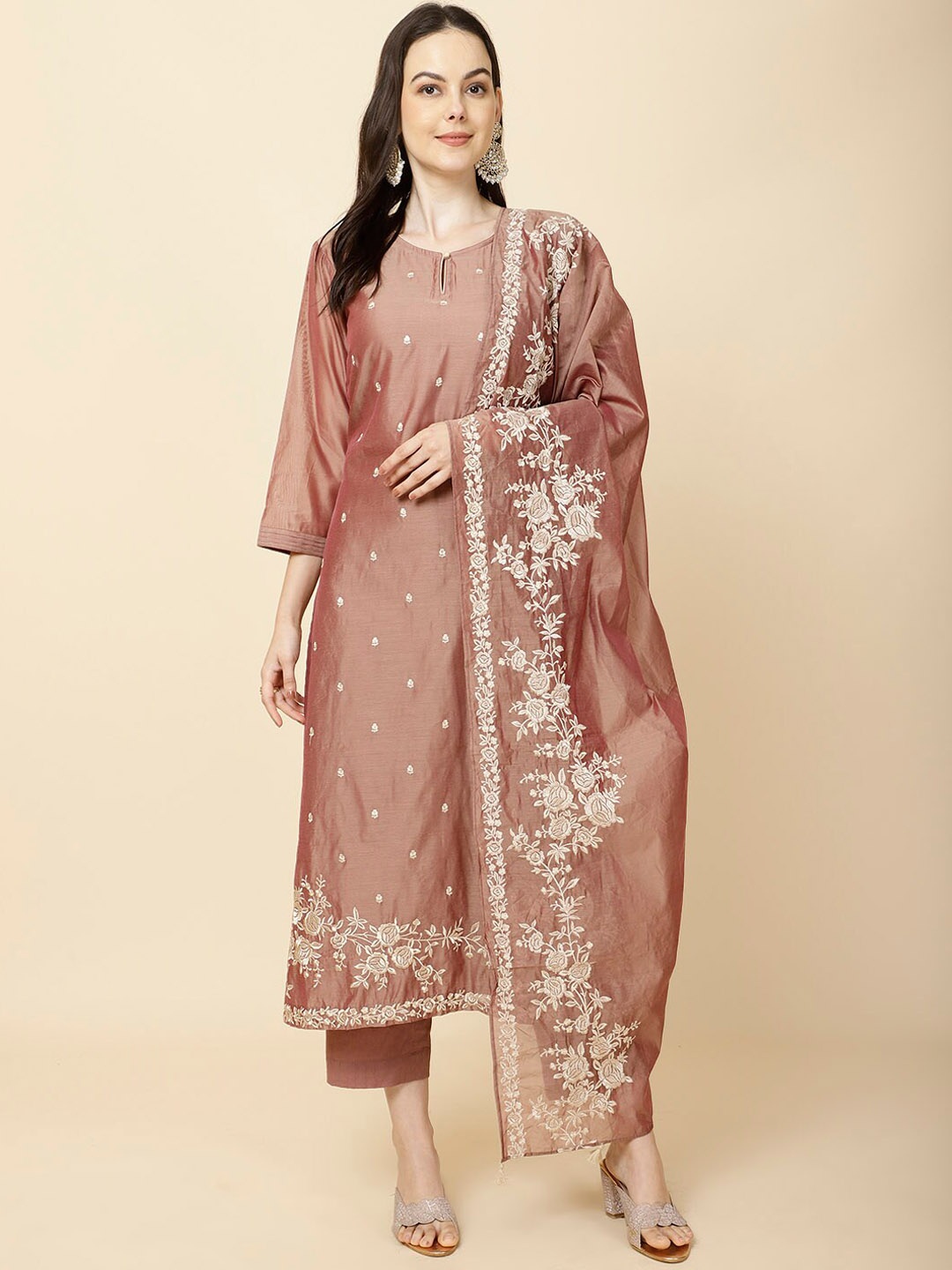 

Meena Bazaar Floral Embroidered Regular Straight Kurta with Trousers & Dupatta, Pink