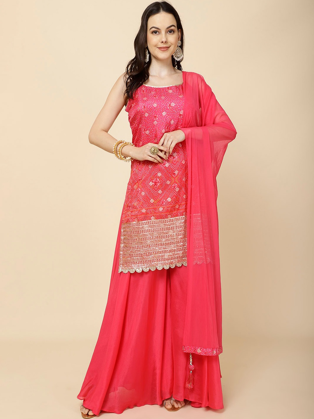 

Meena Bazaar Bandhani Printed Kurta & Sharara With Dupatta, Pink