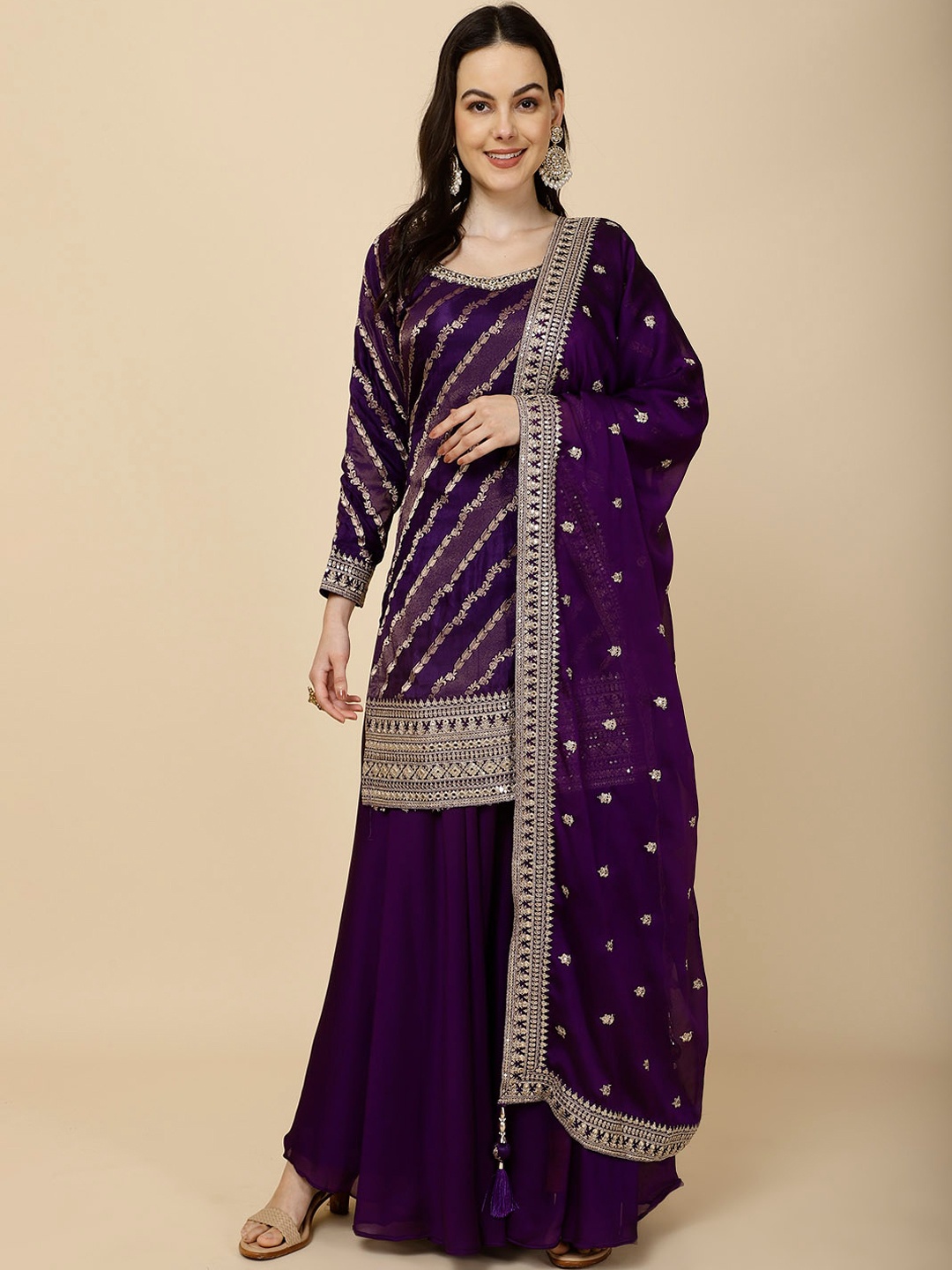 

Meena Bazaar Ethnic Motifs Woven Design Regular Kurti with Sharara & Dupatta, Purple
