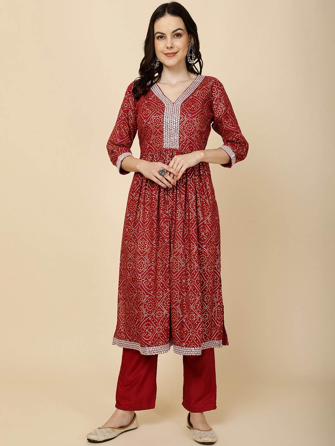 

Meena Bazaar Bandhani Printed Pleated Anarkali Kurta With Trousers, Maroon