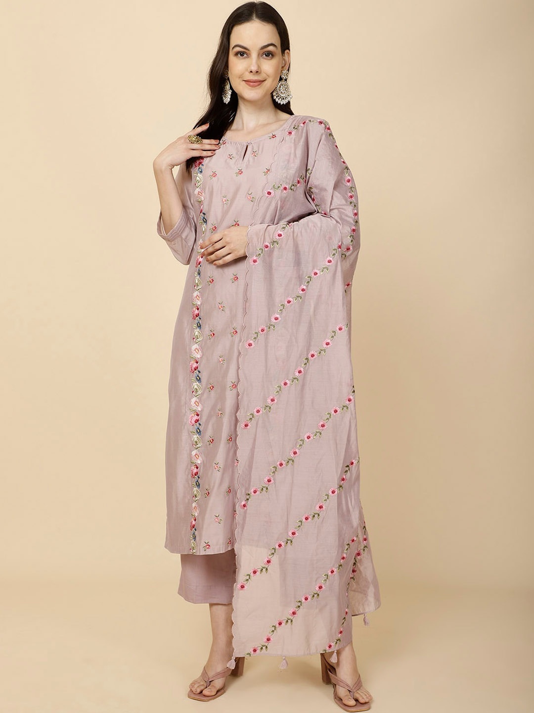 

Meena Bazaar Floral Embroidered Regular Straight Kurta with Trousers & Dupatta, Grey
