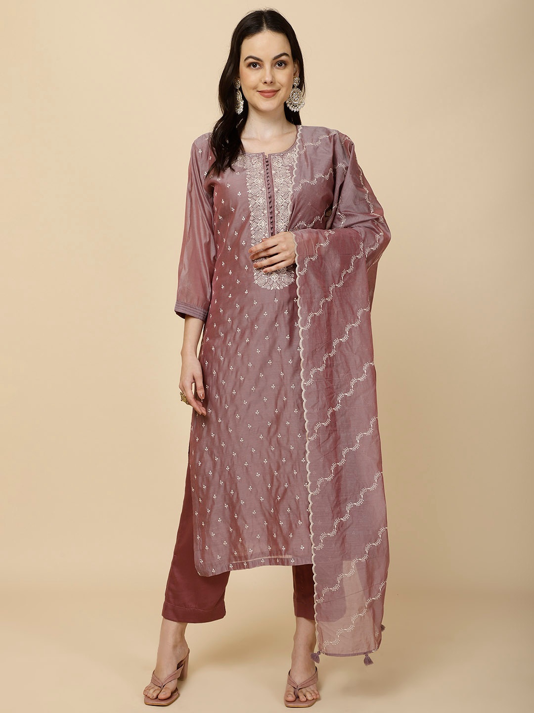 

Meena Bazaar Floral Embroidered Straight Kurta with Trousers & Dupatta, Mauve