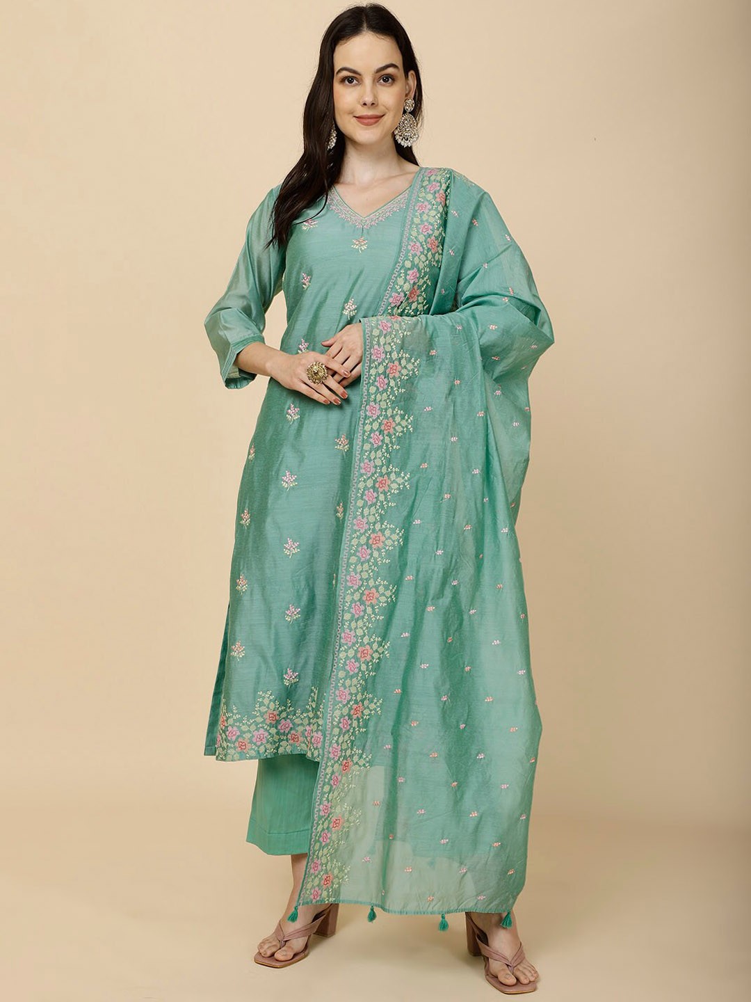 

Meena Bazaar Floral Embroidered Straight Kurta with Trousers & Dupatta, Sea green