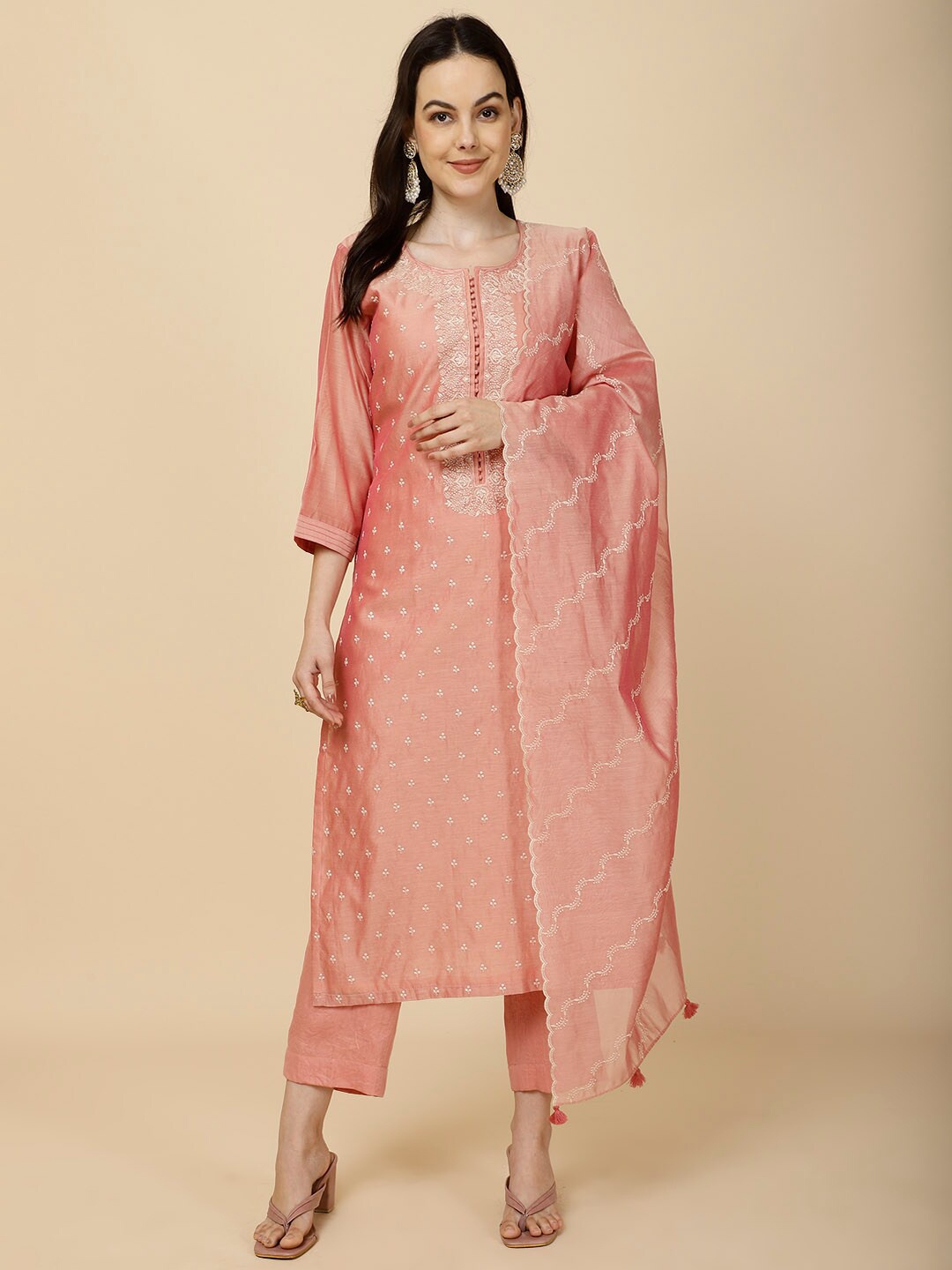 

Meena Bazaar Floral Embroidered Kurta with Trousers & With Dupatta, Peach