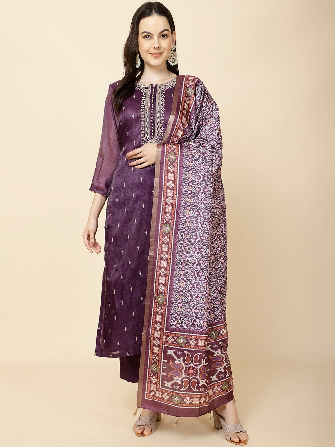 

Meena Bazaar Ethnic Motifs Embroidered Regular Kurta With Trousers & Dupatta, Purple