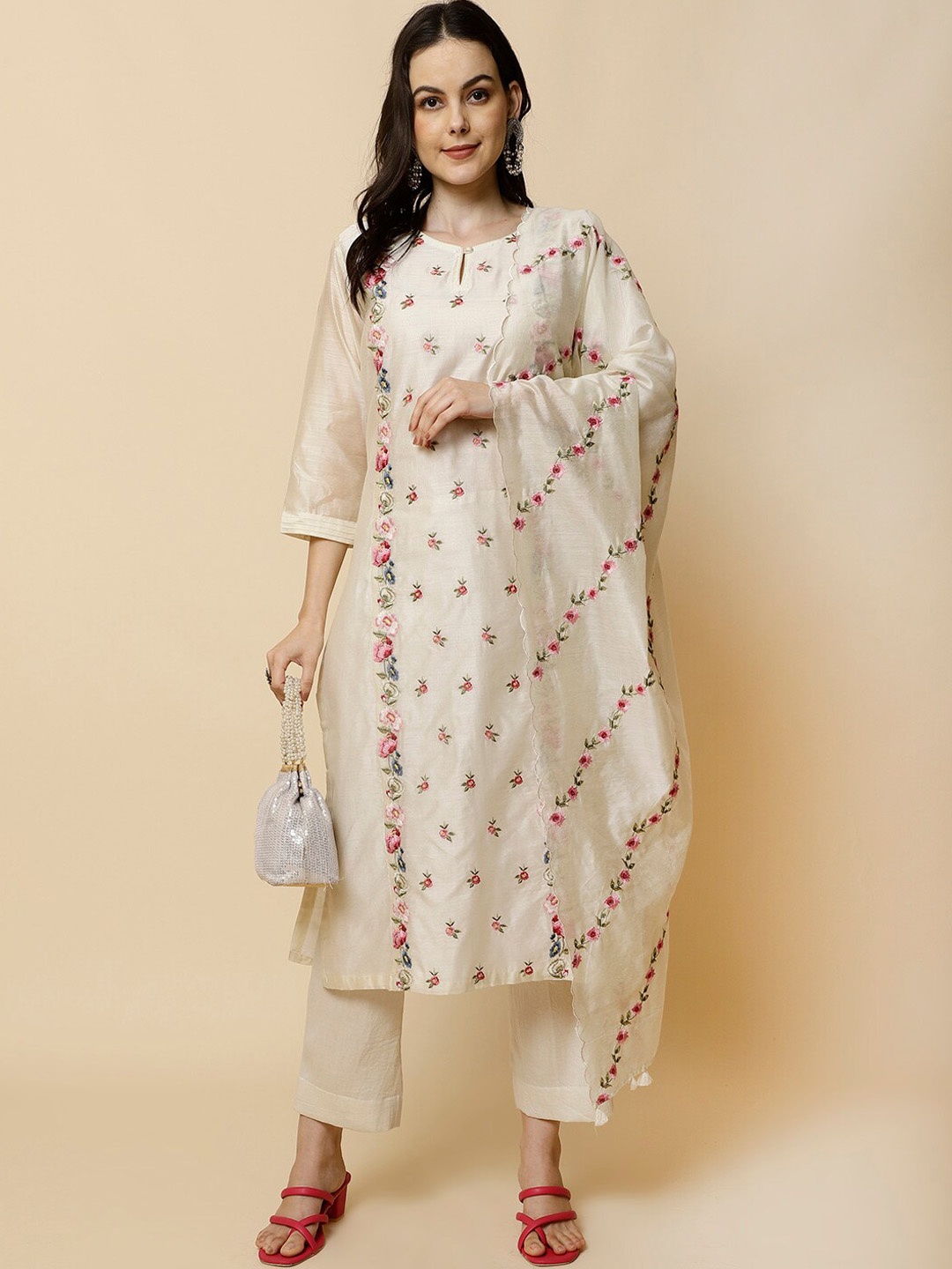 

Meena Bazaar Floral Embroidered Regular Kurta With Trousers & With Dupatta, Cream