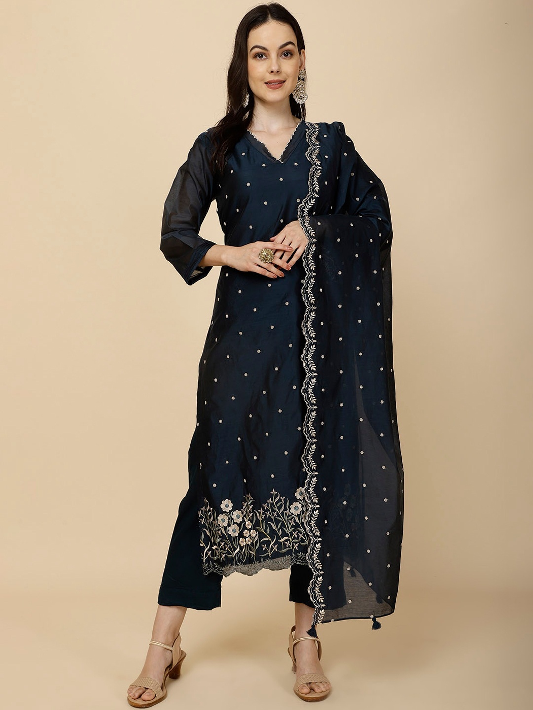 

Meena Bazaar Ethnic Motifs Embroidered Regular Kurta With Trousers & Dupatta, Navy blue