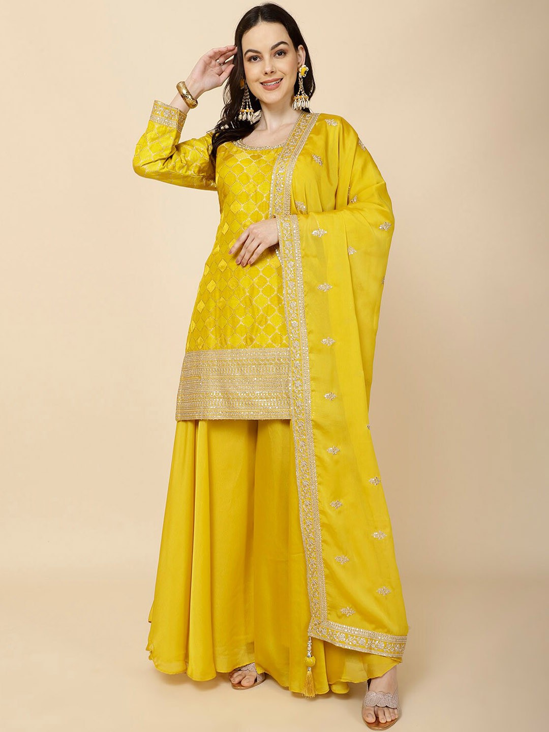 

Meena Bazaar Geometric Woven Design Kurta With Palazzos & Dupatta, Yellow