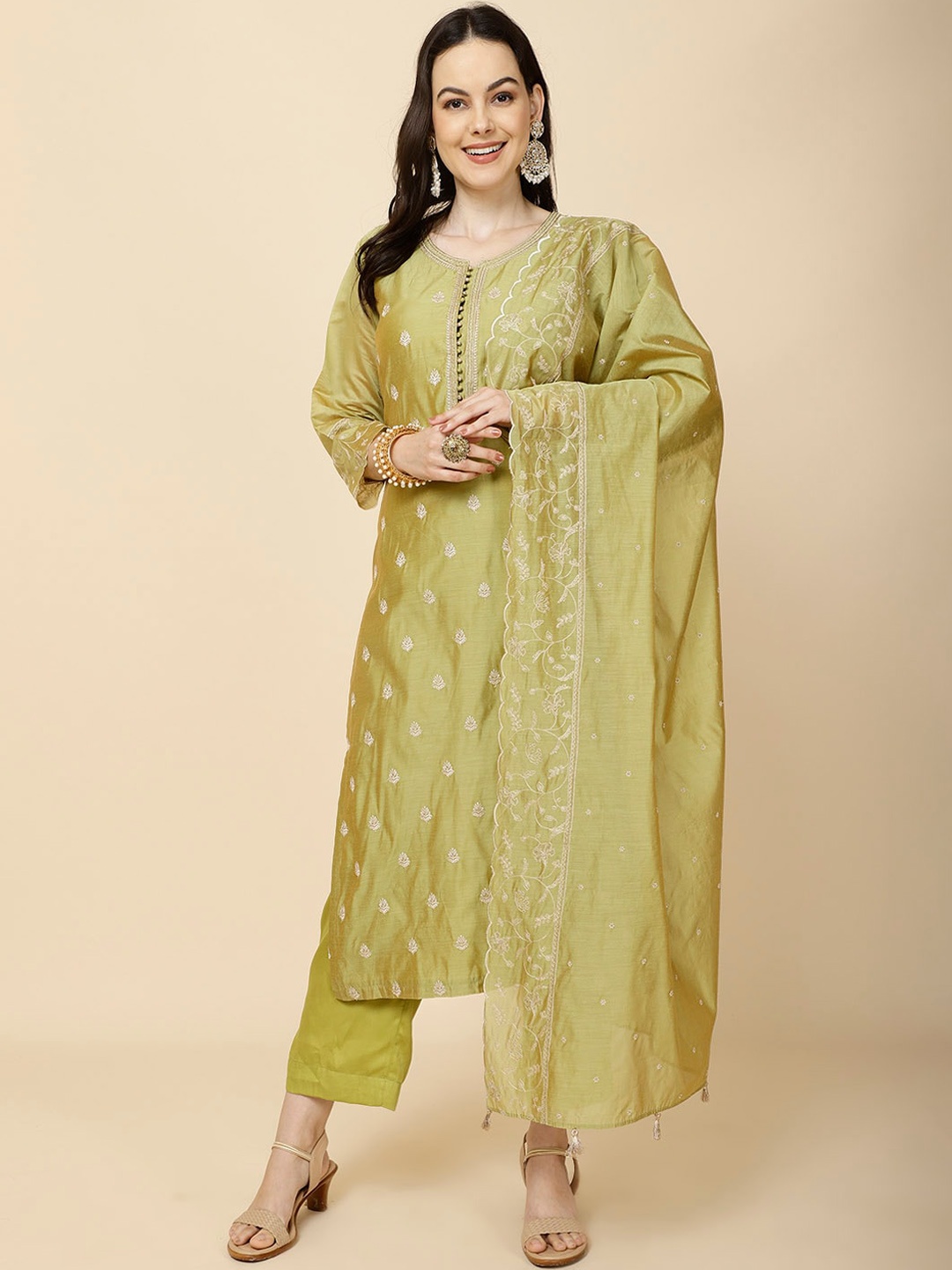 

Meena Bazaar Floral Embroidered Kurta with Trousers & With Dupatta, Green