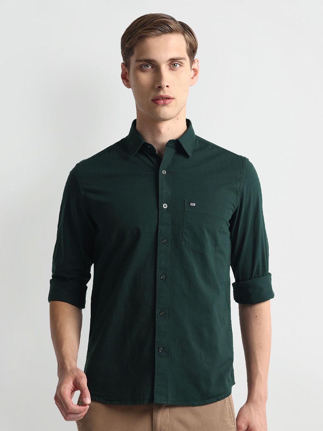 

Arrow Sport Slim Fit Spread Collar Pure Cotton Casual Shirt, Green