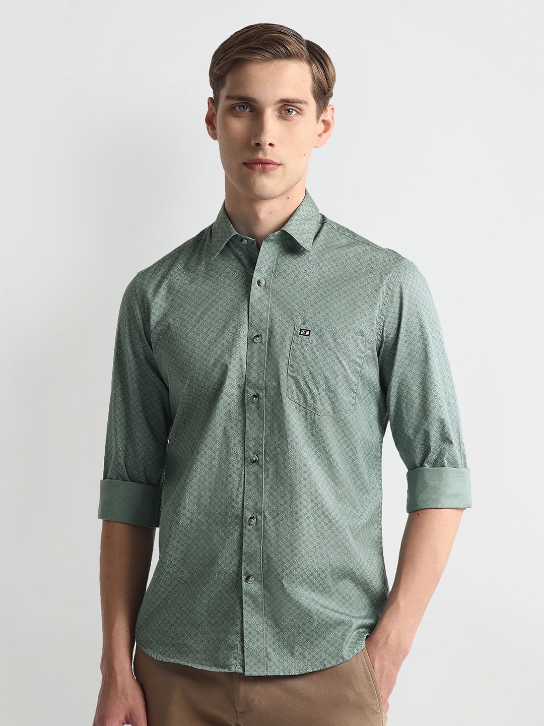 

Arrow Sport Slim Fit Geometric Printed Twill Pure Cotton Casual Shirt, Green