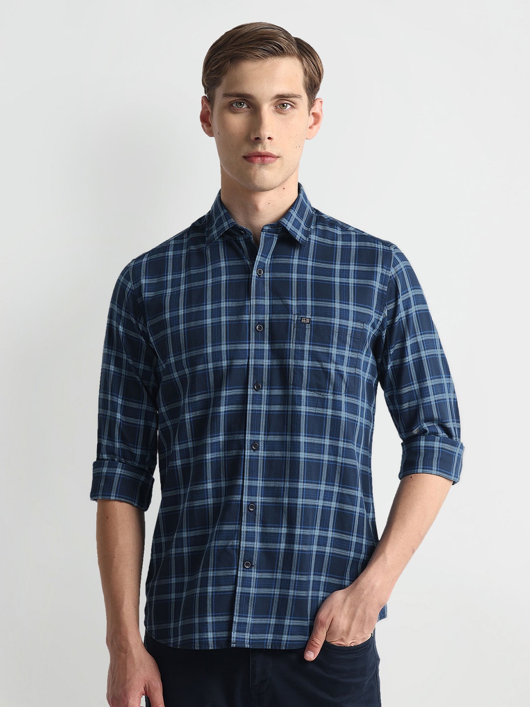 

Arrow Sport Spread Collar Slim Fit Tartan Checked Twill Casual Cotton Shirt, Blue