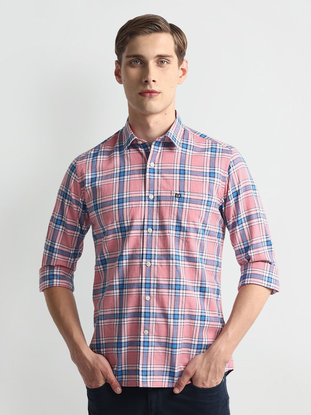 

Arrow Sport Slim Fit Tartan Checked Pure Cotton Casual Shirt, Pink