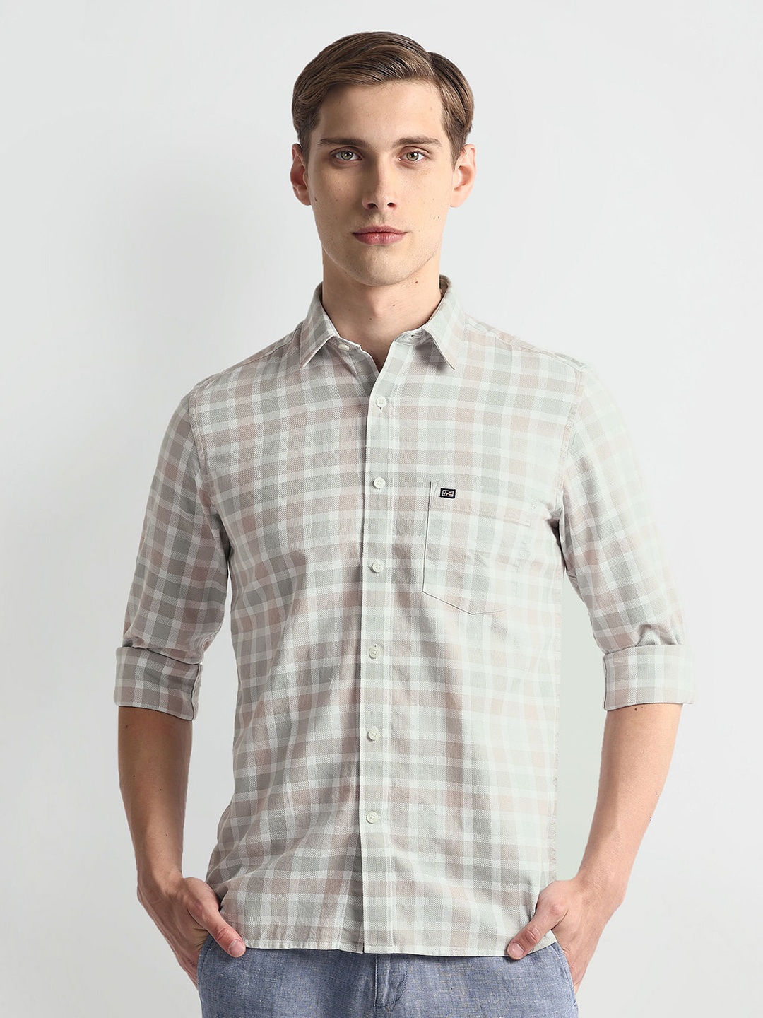 

Arrow Sport Slim Fit Tartan Checked Pure Cotton Casual Shirt, Peach