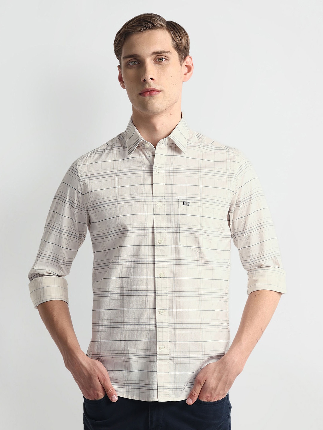 

Arrow Sport Spread Collar Slim Fit Striped Twill Casual Cotton Shirt, White