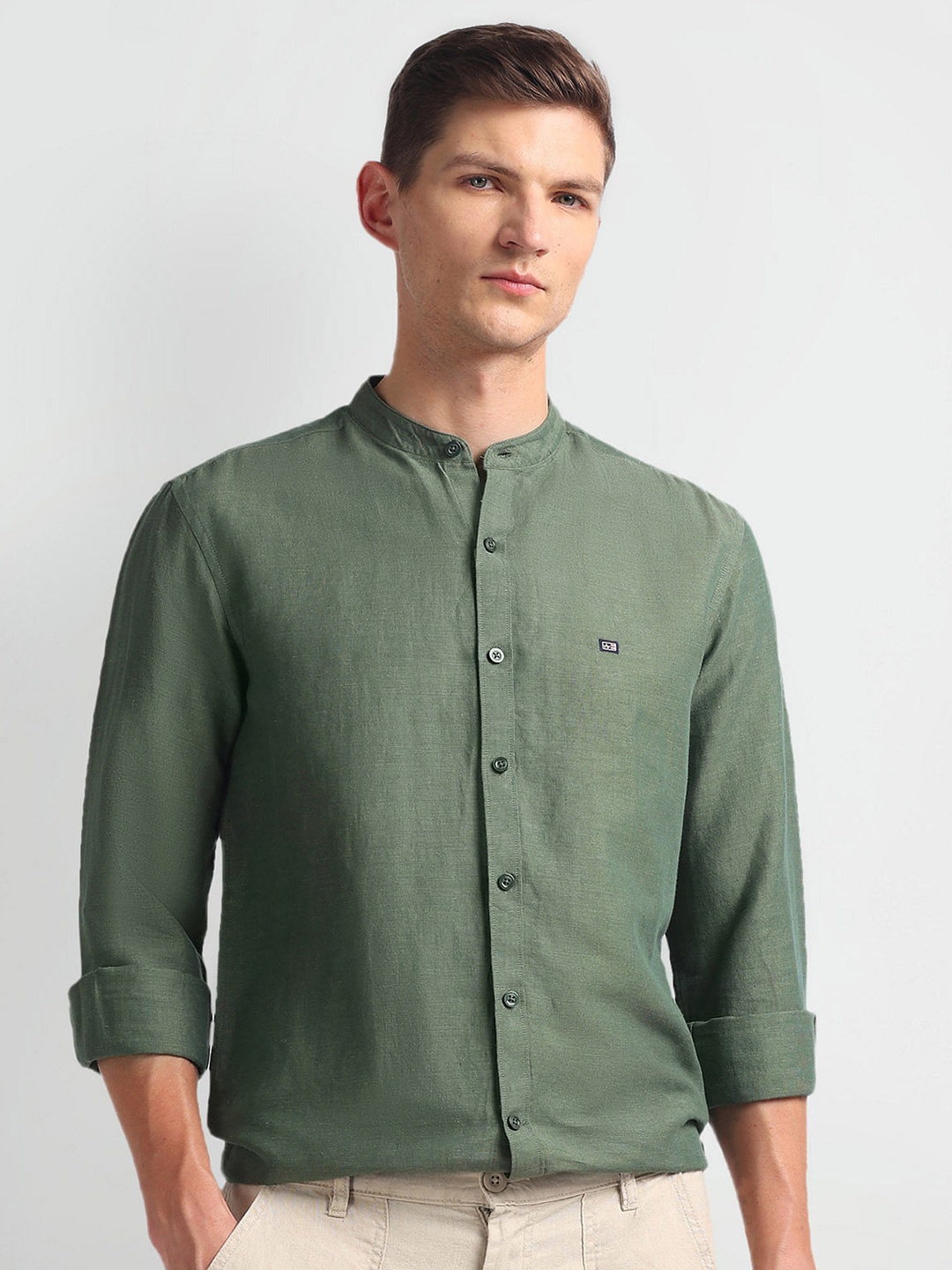 

Arrow Sport Slim Fit Band Collar Casual Shirt, Green