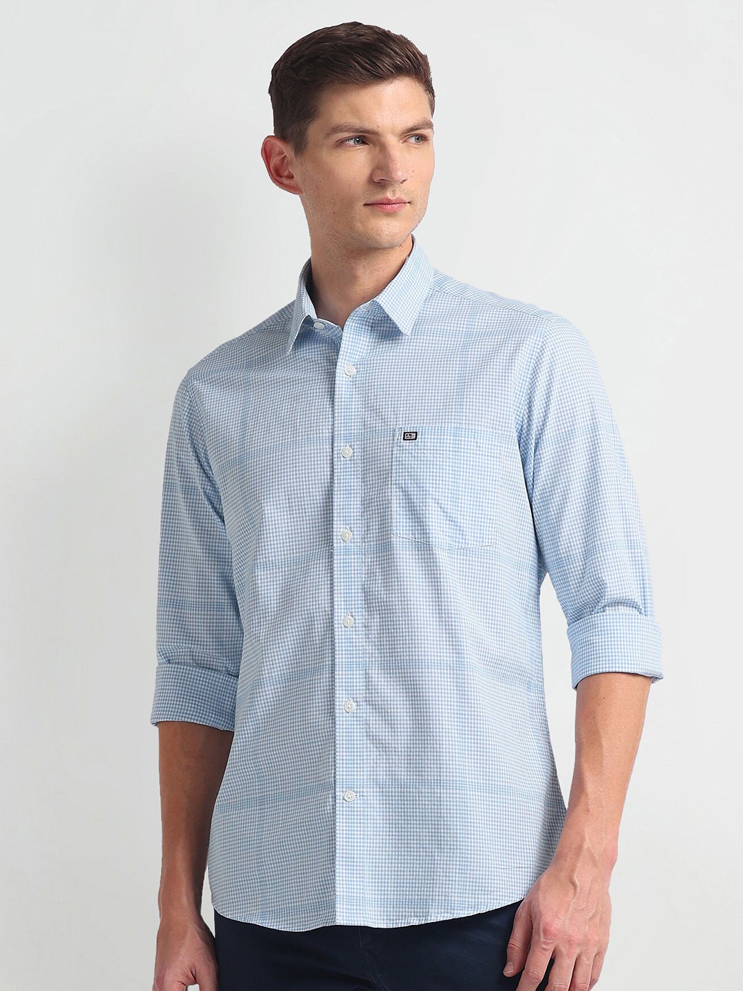 

Arrow Sport Slim Fit Micro Checked Spread Collar Pure Cotton Casual Shirt, Blue