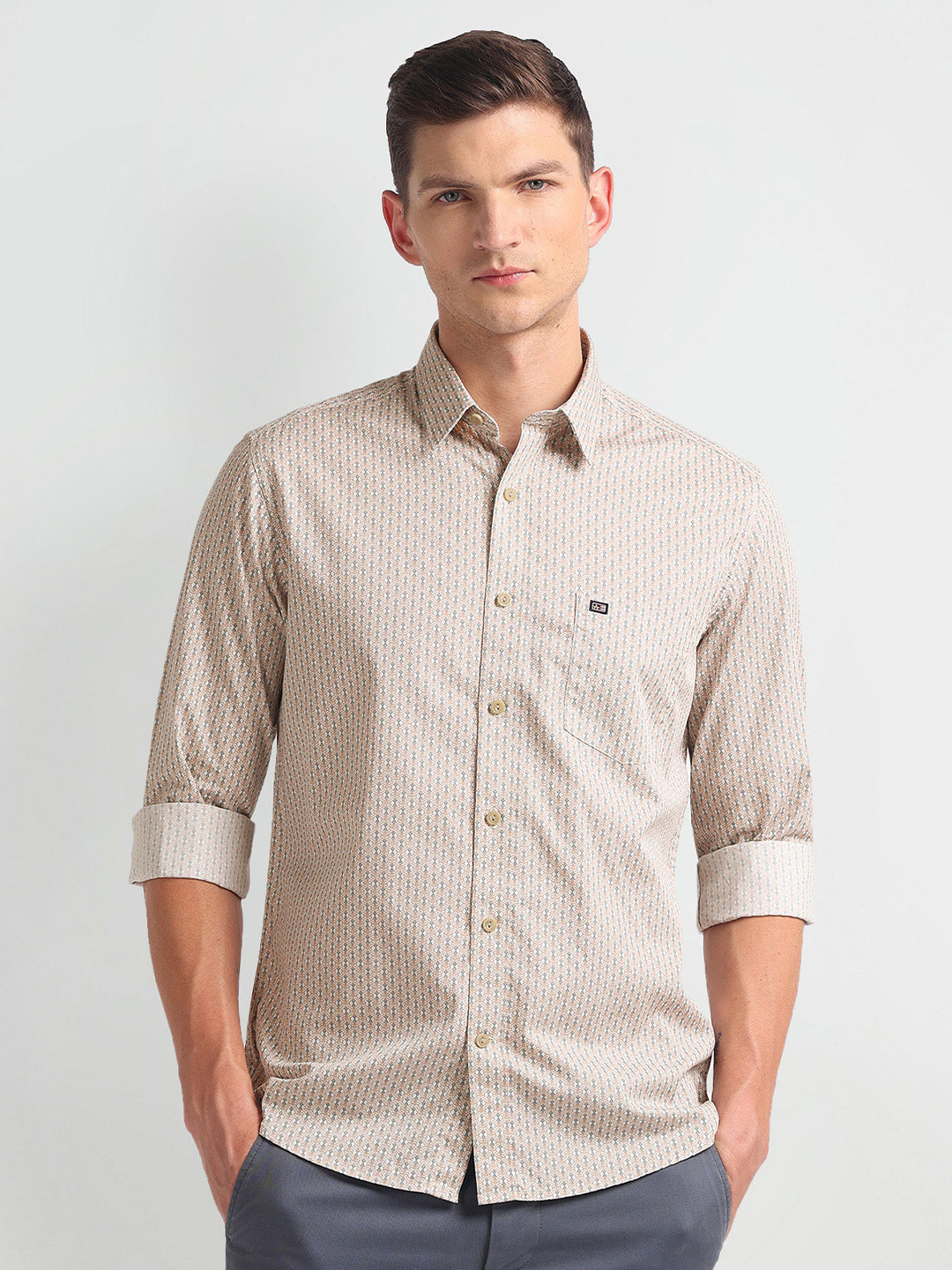 

Arrow Sport Slim Fit Micro Ditsy Printed Spread Collar Twill Weave Pure Cotton Shirt, Beige