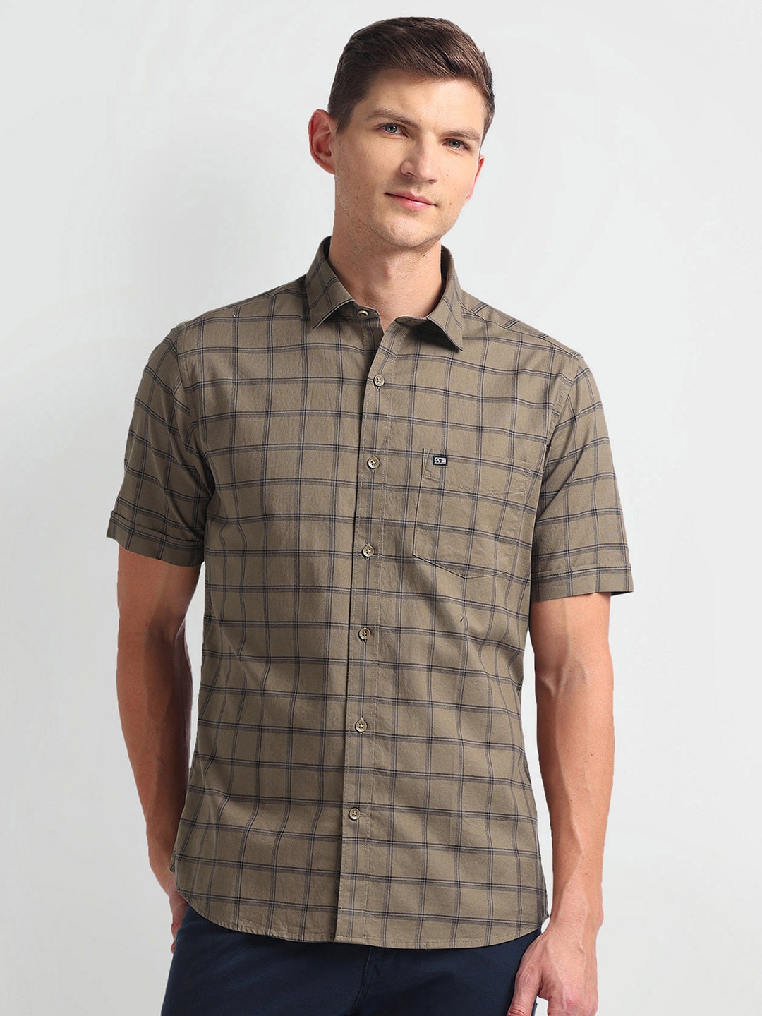 

Arrow Sport Checked Spread Collar Twill Weave Pure Cotton Casual Shirt, Brown