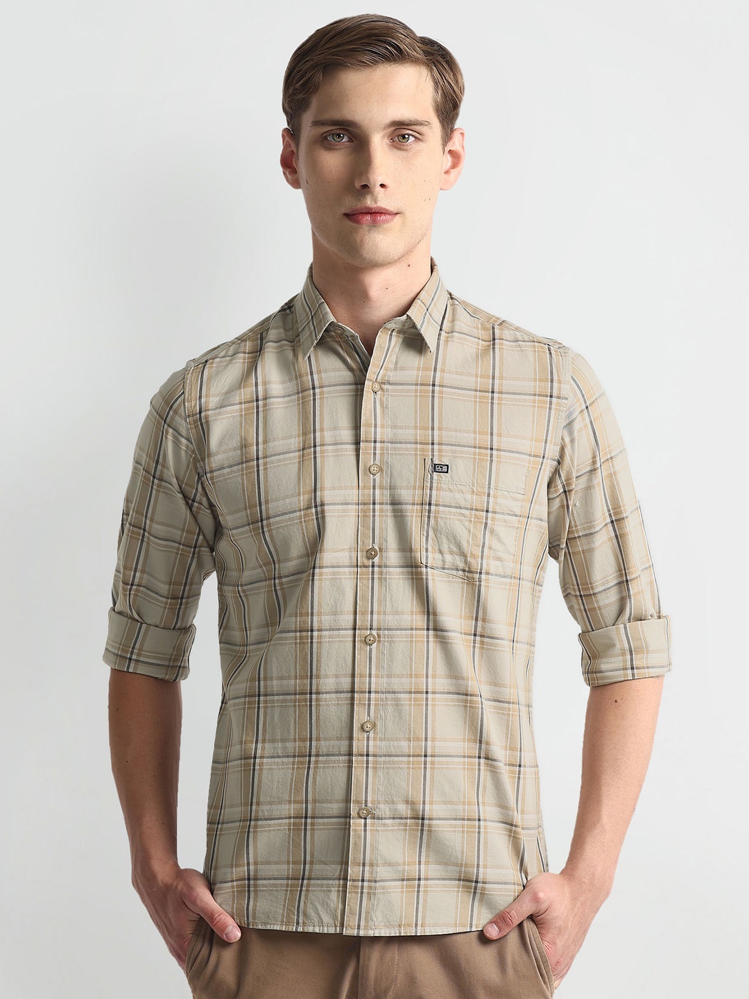

Arrow Sport Slim Fit Twill Tartan Checked Pure Cotton Casual Shirt, Beige