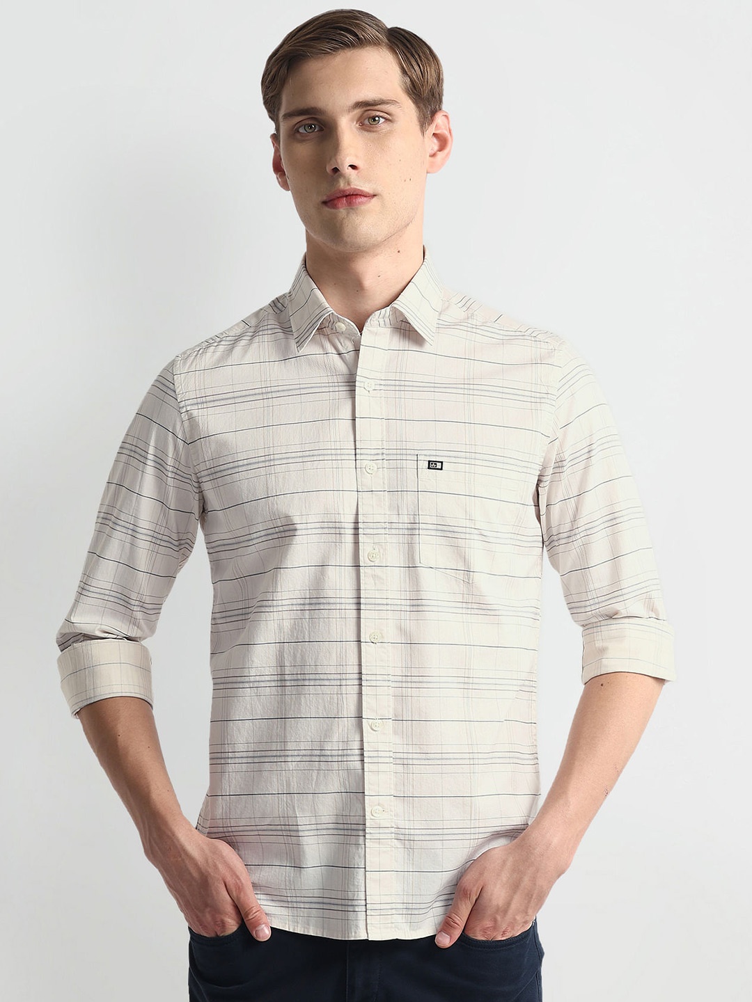 

Arrow Sport Men Slim Fit Horizontal Striped Pure Cotton Twill Casual Shirt, White