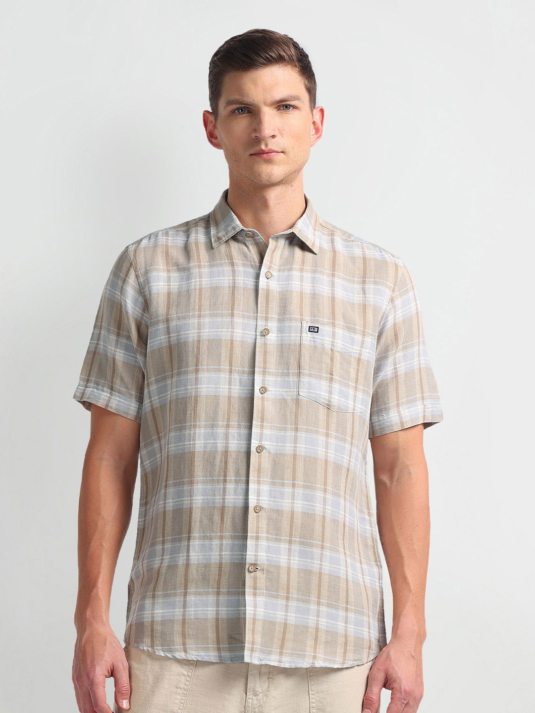 

Arrow Sport Tartan Checked Spread Collar Casual Shirt, Beige