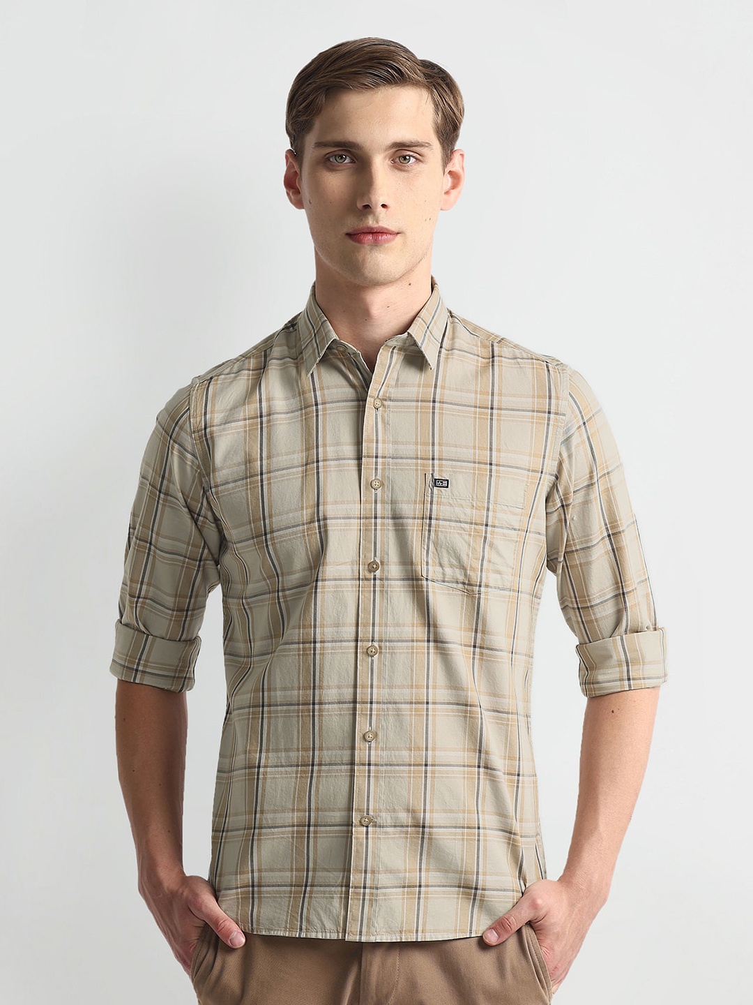 

Arrow Sport Slim Fit Tartan Checked Twill Casual Pure Cotton Shirt, Beige