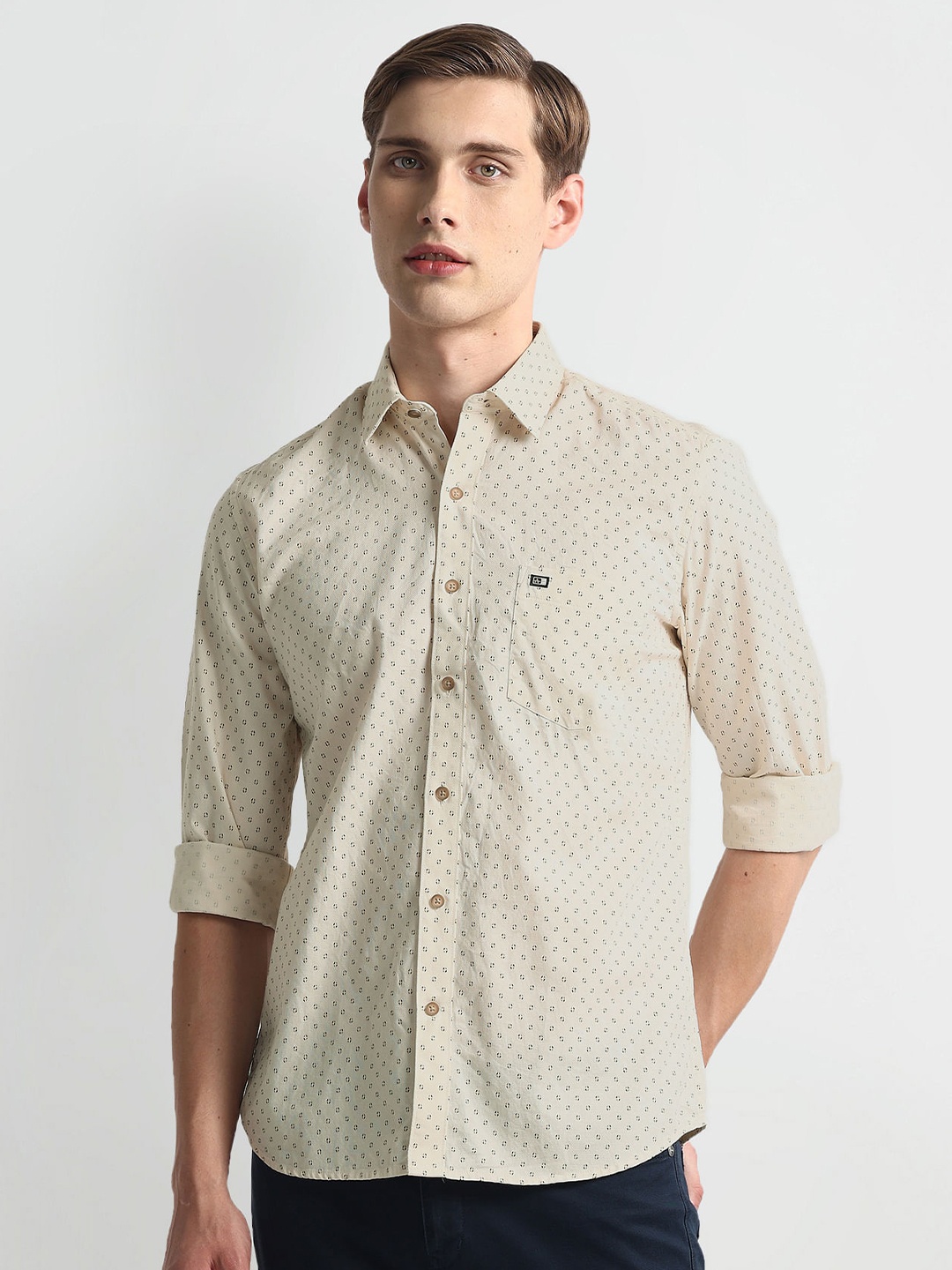 

Arrow Sport Spread Collar Slim Fit Micro Printed Casual Pure Cotton Shirt, Beige