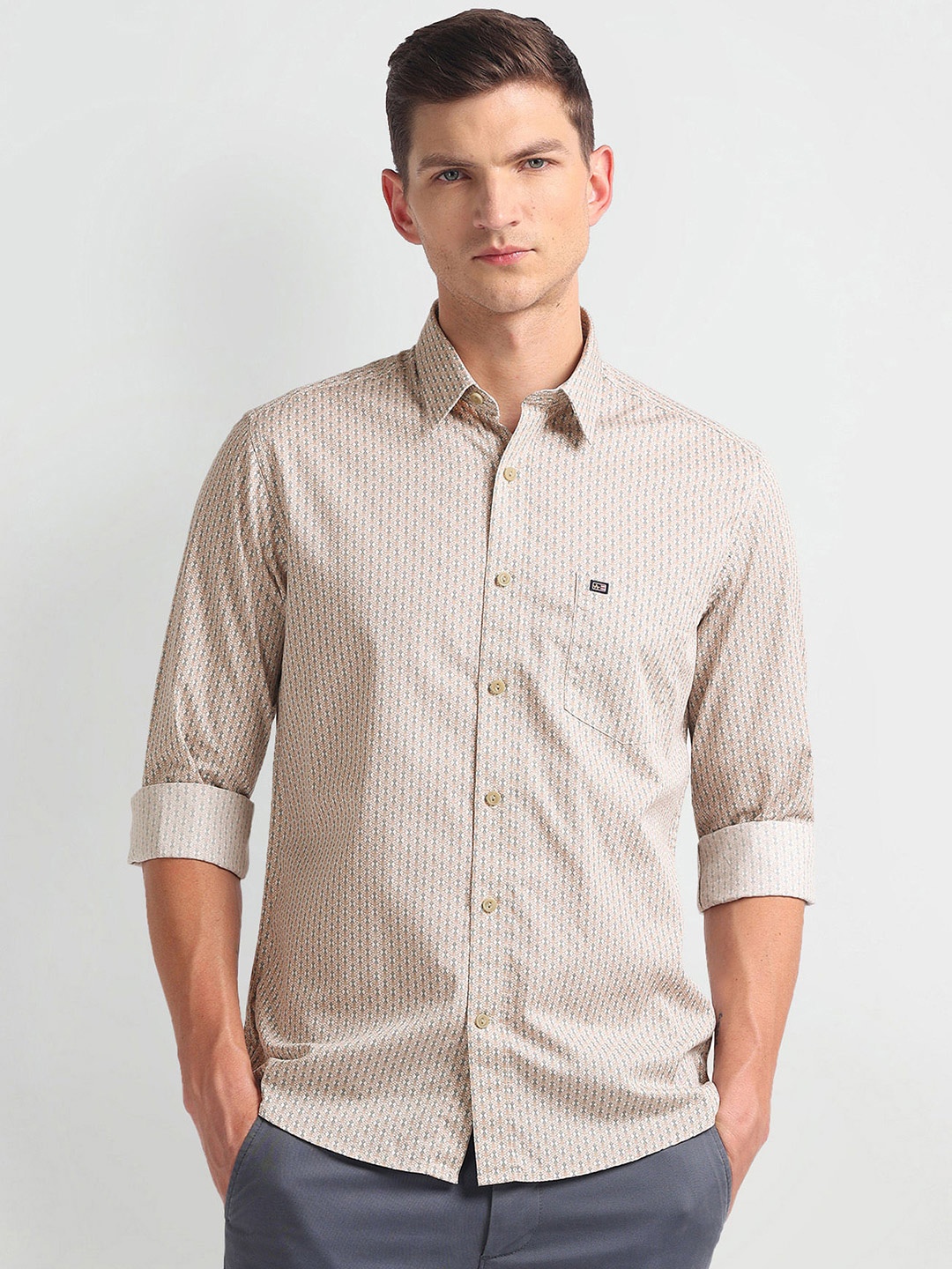 

Arrow Sport Slim Fit Geometric Printed Twill Pure Cotton Casual Shirt, Beige