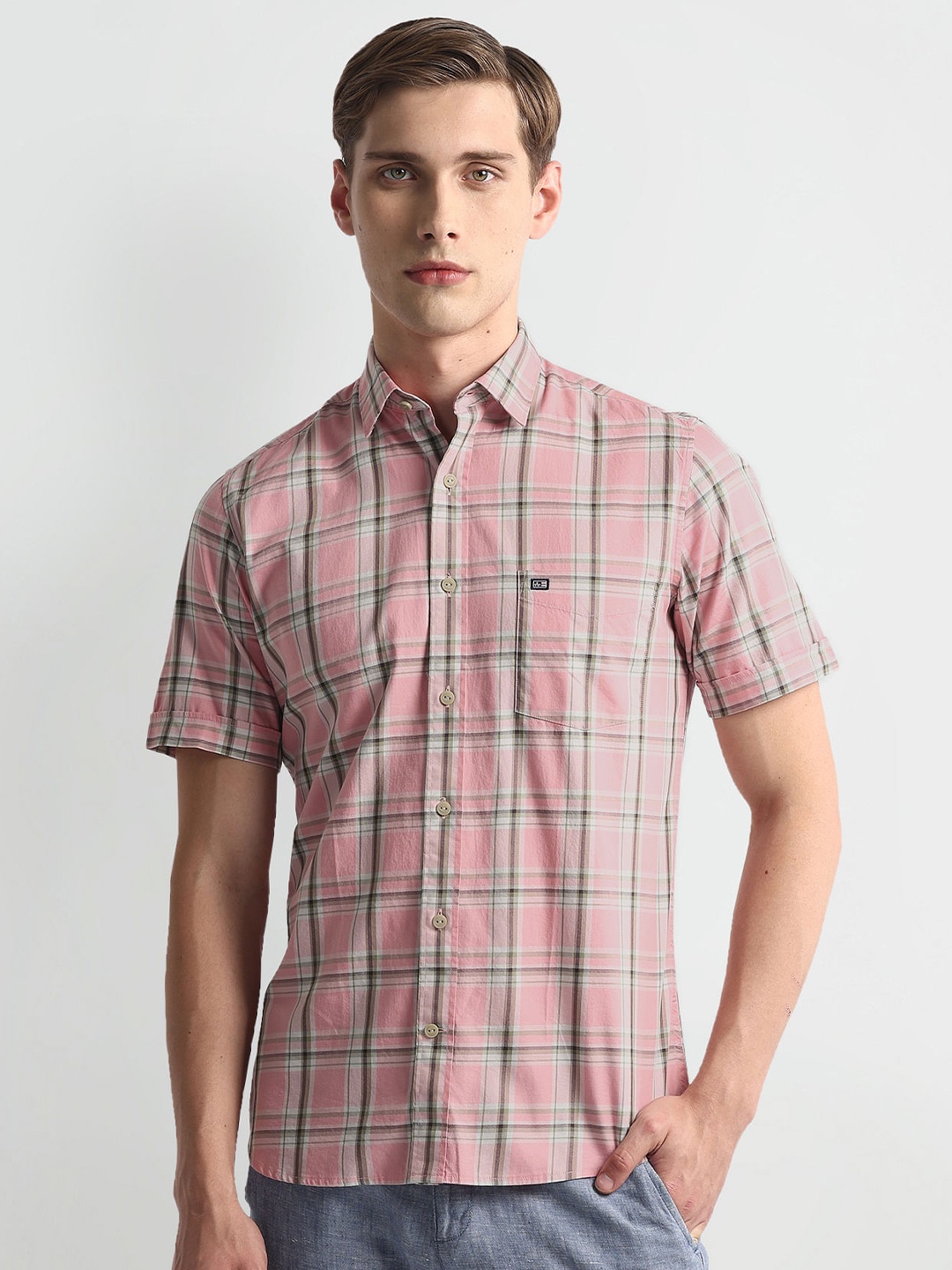 

Arrow Sport Tartan Checked Twill Casual Pure Cotton Shirt, Pink