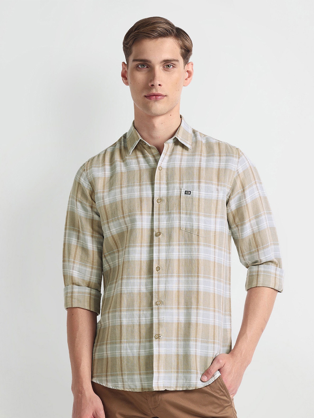 

Arrow Sport Spread Collar Slim Fit Manhattan Checked Casual Shirt, Beige