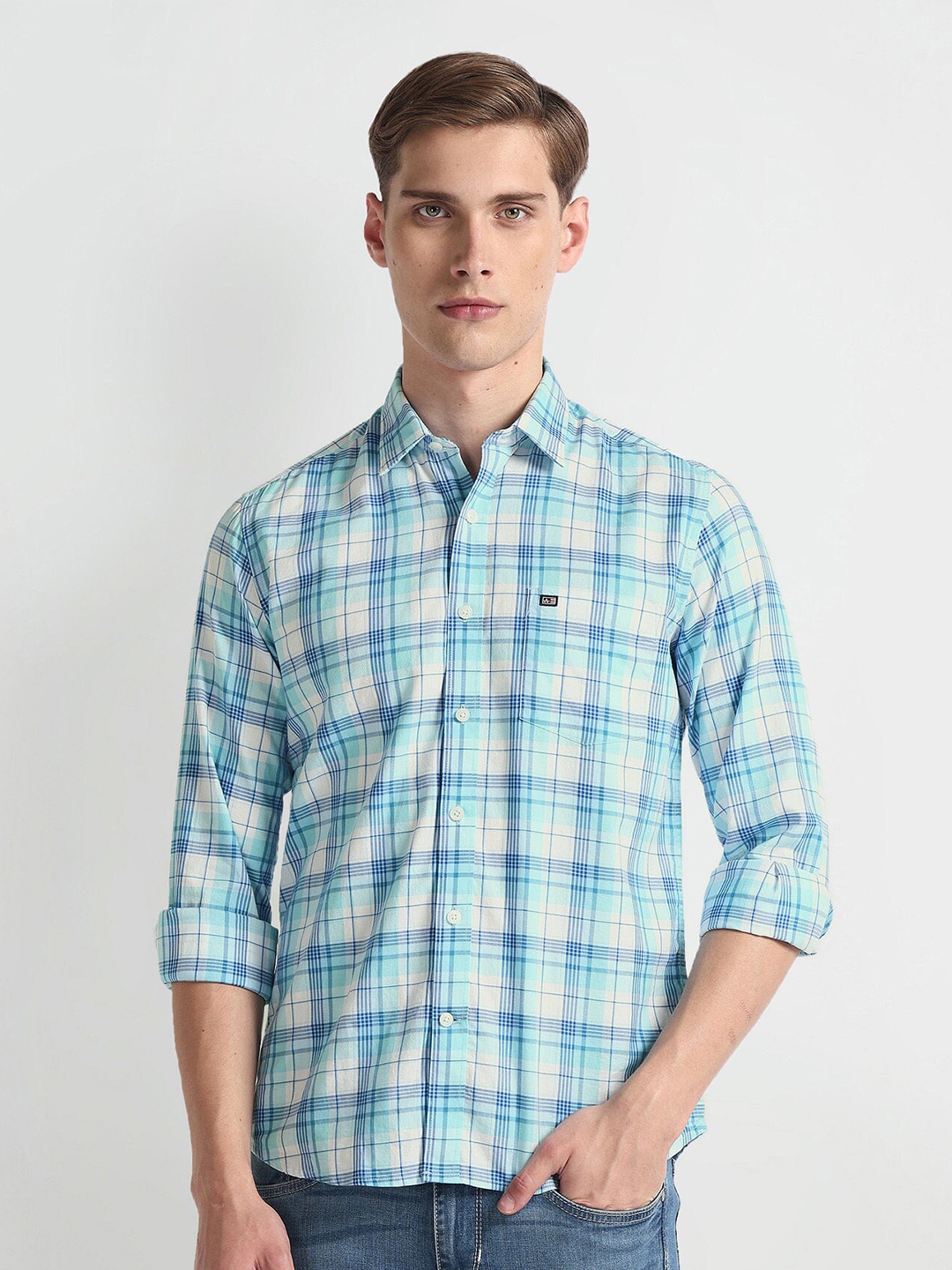 

Arrow Sport Manhattan Slim Fit Checked Pure Cotton Casual Shirt, Blue