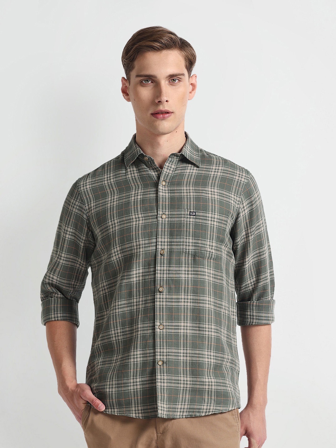 

Arrow Sport Slim Fit Tartan Checked Pure Linen Casual Shirt, Green