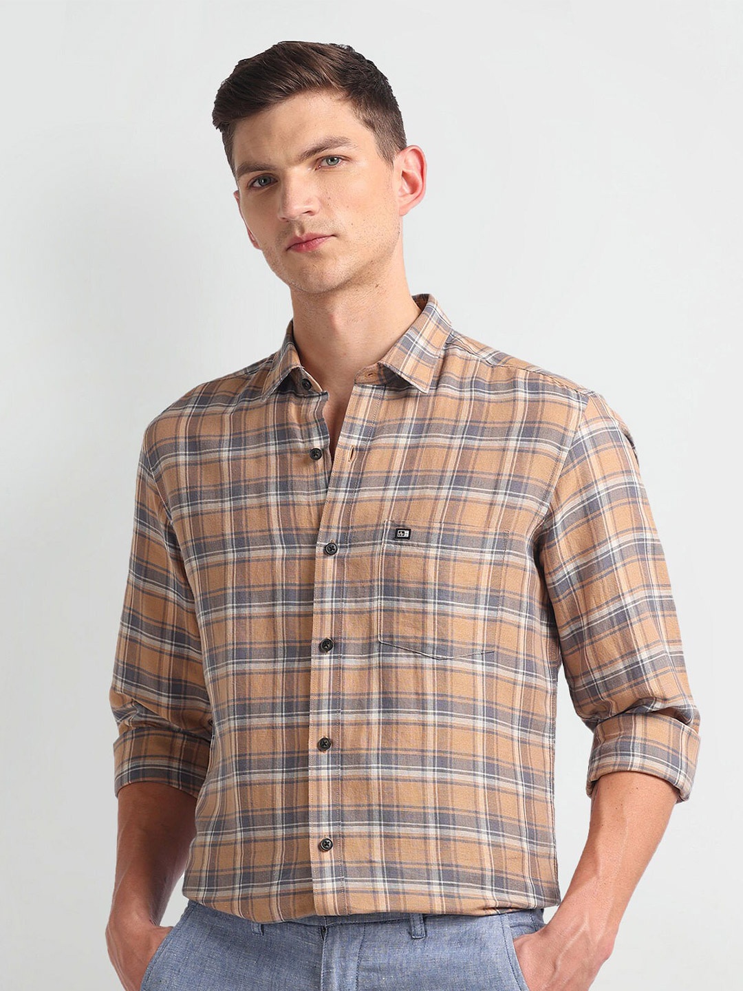 

Arrow Sport Slim Fit Checked Twill Weave Casual Shirt, Brown
