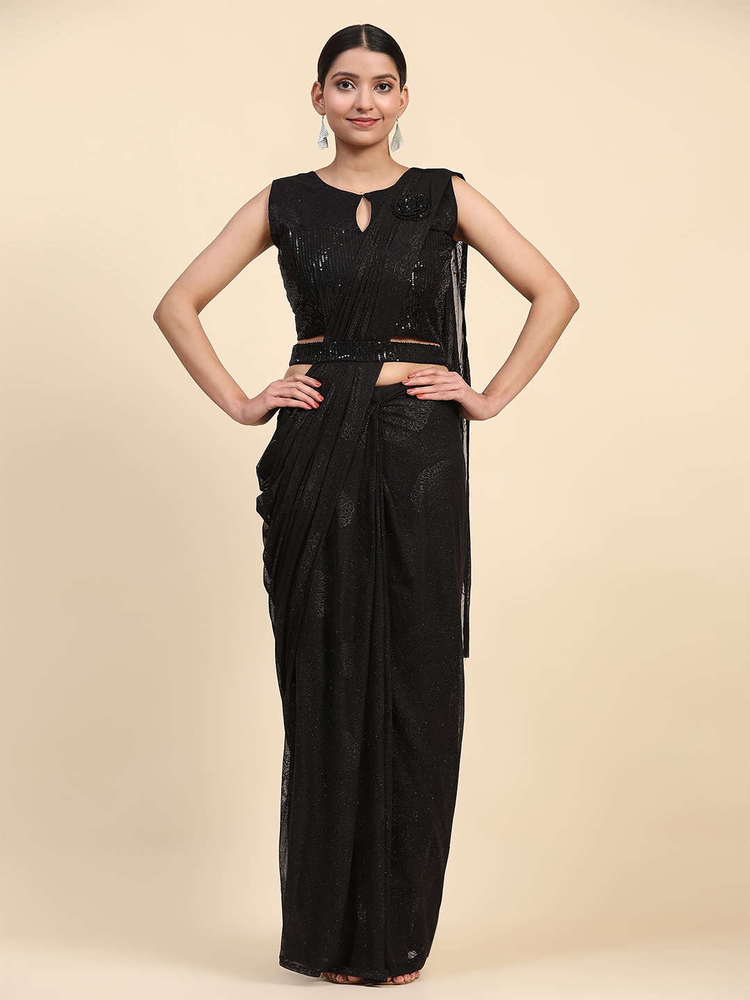 

AMOHA TRENDZ Floral Woven Design Sequinned Ready To Wear Saree, Black