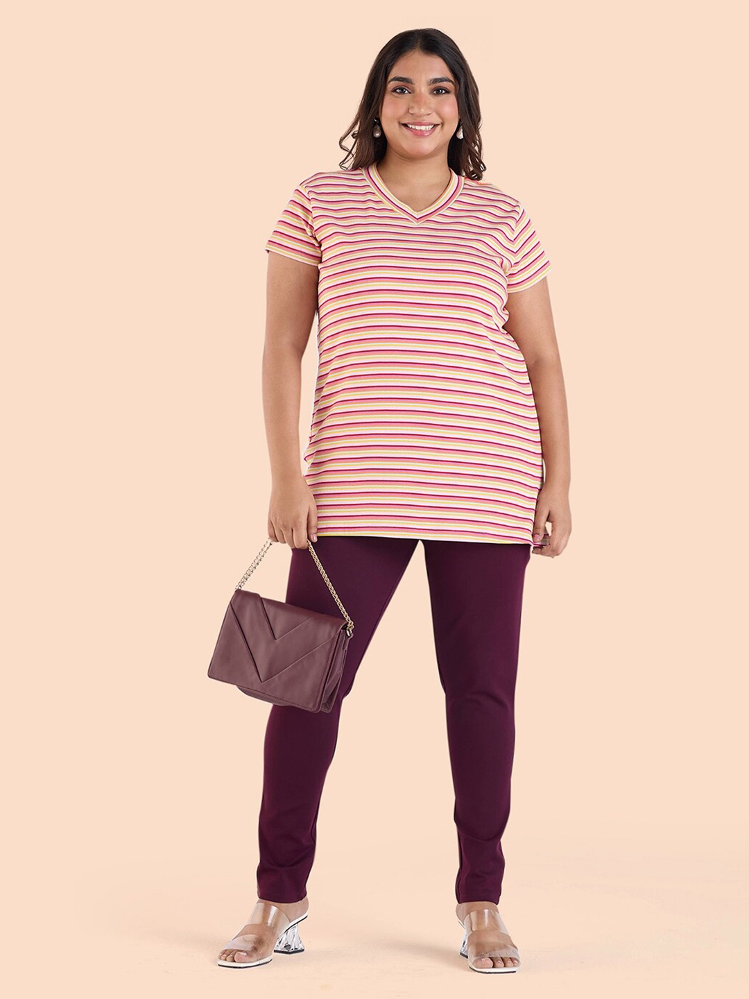 

Big Hello - The Plus Life Striped Longline Cotton T-shirt, Pink