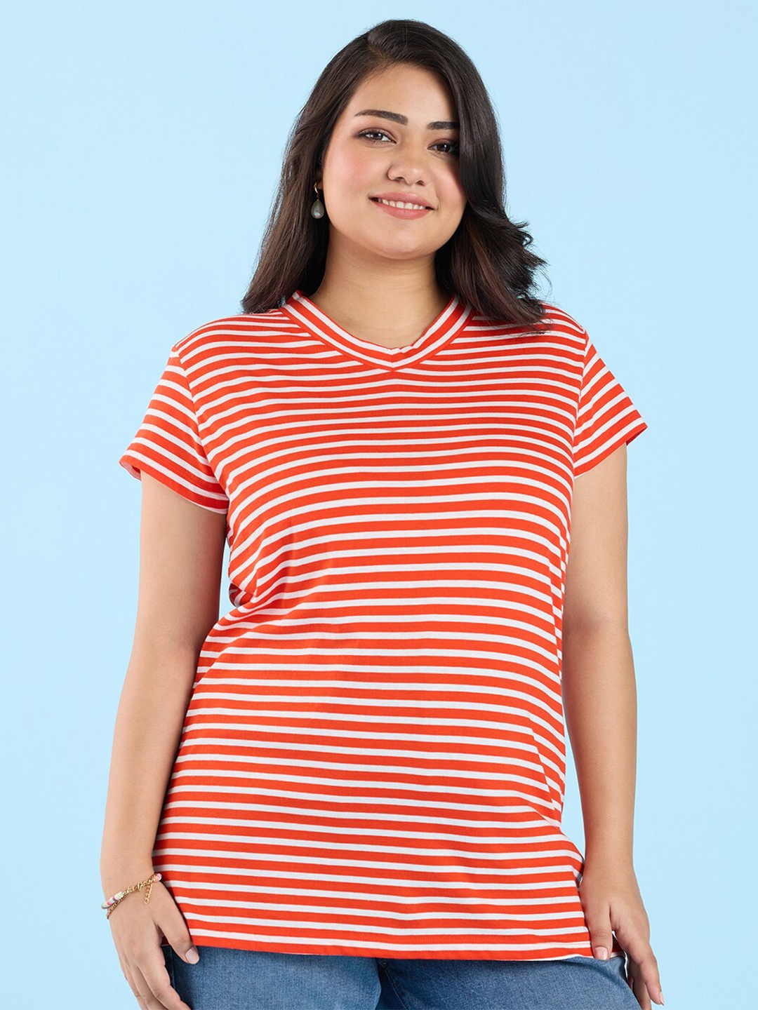 

Big Hello - The Plus Life Striped V-Neck Cotton T-shirt, Red