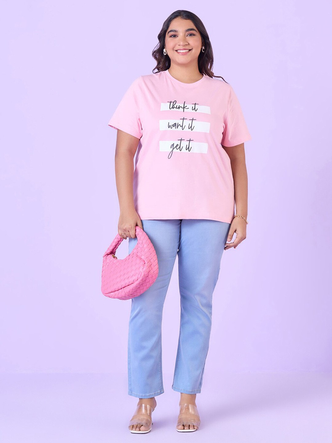 

Big Hello - The Plus Life Typography Printed Round Neck Cotton T-shirt, Pink