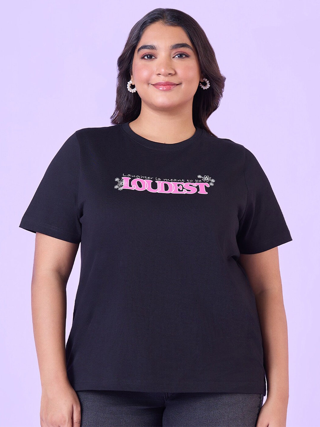 

Big Hello - The Plus Life Typography Printed Cotton T-shirt, Black