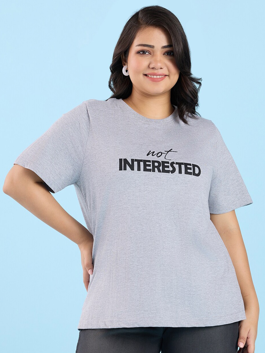 Big Hello - The Plus Life Typography Printed Round Neck Cotton T-shirt, Grey