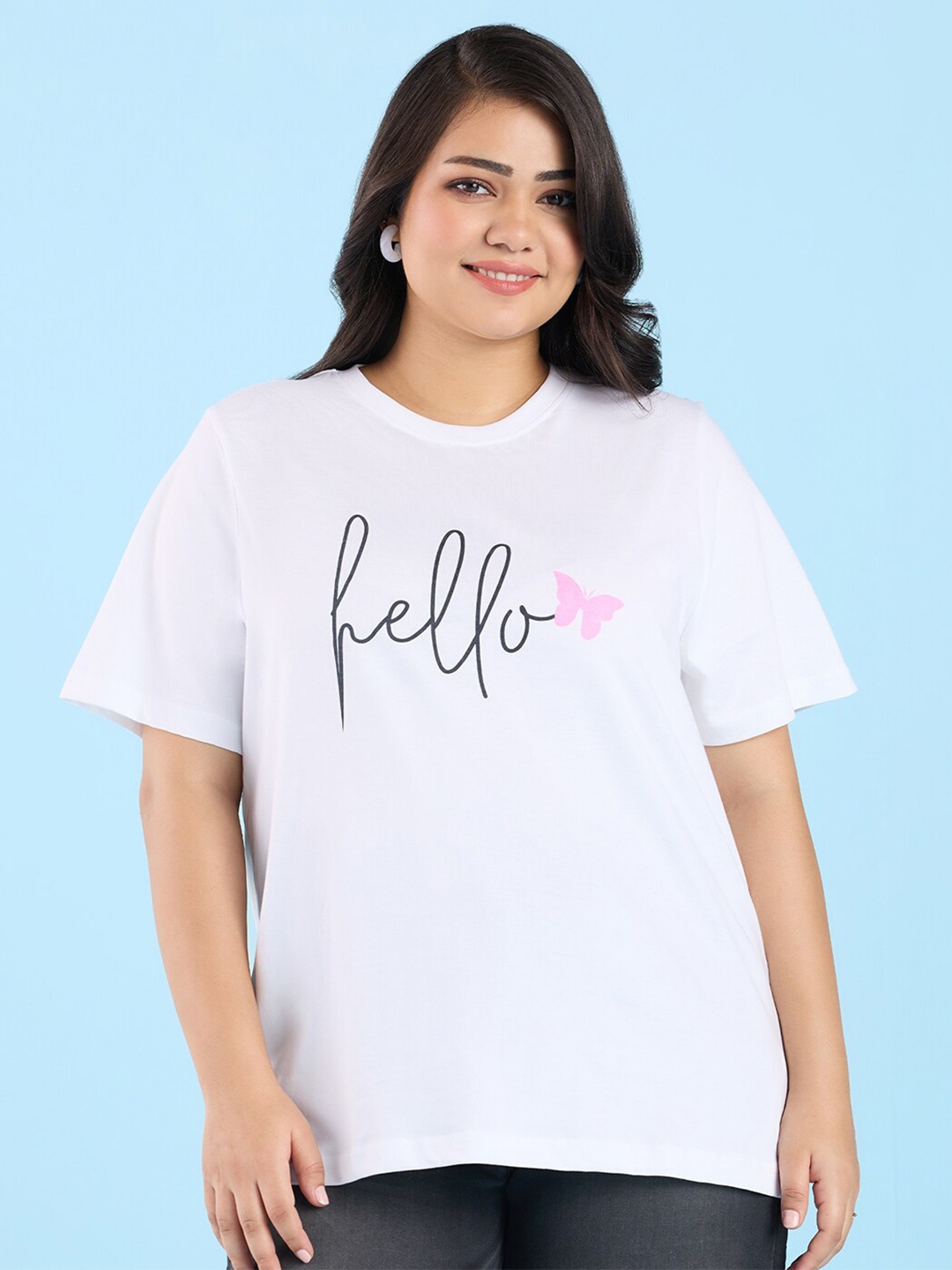 Big Hello - The Plus Life Typography Printed Cotton T-shirt, White