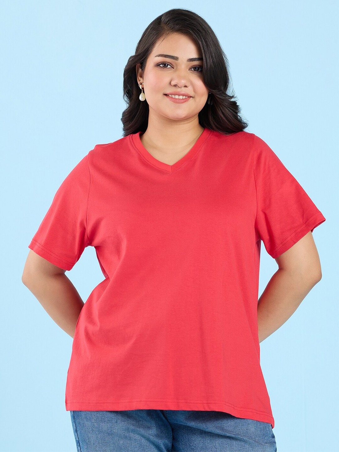 

Big Hello - The Plus Life V-Neck Cotton T-shirt, Coral