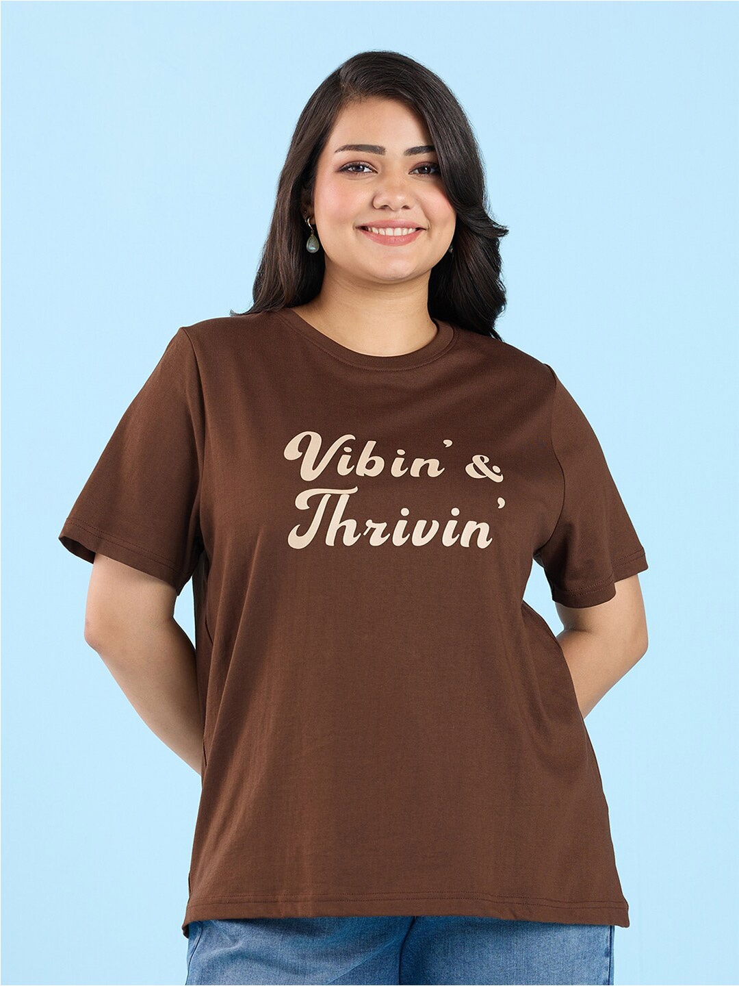 Big Hello - The Plus Life Typography Printed Round Neck Cotton T-shirt, Brown